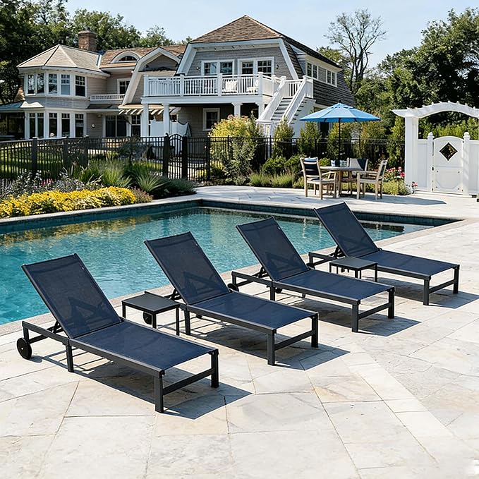 PURPLE LEAF Outdoor Chaise Lounge Chairs Set Recliner Adjustable Chair with Wheels and Table for Poolside Beach Patio Aluminum Reclining Sunbathing Lounger, Navy Blue
