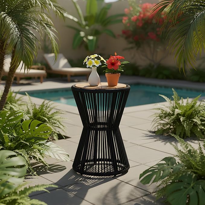 Merax Bohemian Round Outdoor Side Table with Acacia Wood Top and Black Handwoven Rope Base, Elegant Hourglass Design Patio Coffee Table for Garden, Pool, Deck, Balcony, Yard, 25.8" Height, No Assembly