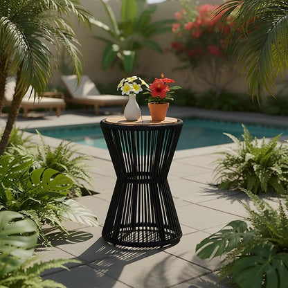 Merax Bohemian Round Outdoor Side Table with Acacia Wood Top and Black Handwoven Rope Base, Elegant Hourglass Design Patio Coffee Table for Garden, Pool, Deck, Balcony, Yard, 25.8" Height, No Assembly
