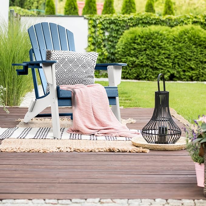 FUNBERRY Folding Adirondack Chair, Blue & White All Weather HDPE Fire Pit Chairs with Cup Holder for Outdoor