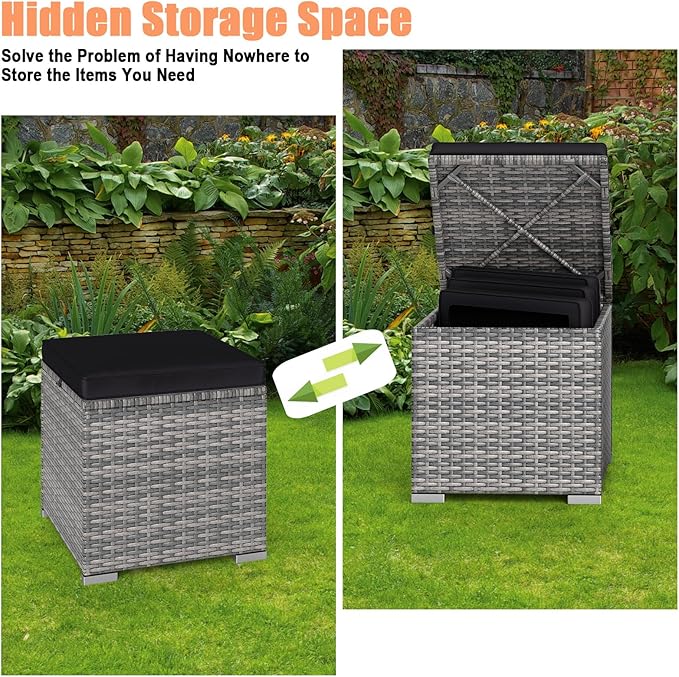RELAX4LIFE Wicker Outdoor Storage Ottoman - 2-Piece Rattan Footstool w/Removable Cushion - Photo 4