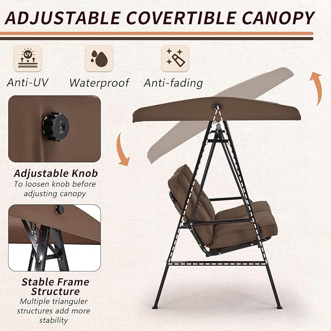AECOJOY Outdoor Patio Swing Chair for Adults, 2-Seat Porch Swings with Adjustable Canopy - Photo 2
