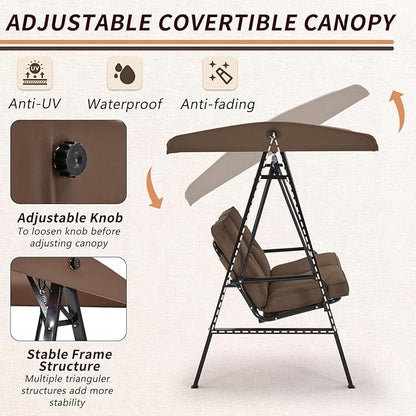AECOJOY Outdoor Patio Swing Chair for Adults, 2-Seat Porch Swings with Adjustable Canopy, Outside Swing Bench with Removable Cushion, Suitable for Backyard, Garden, Yard, Poolside, Balcony,Brown