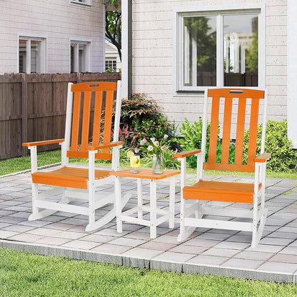 Aoodor Outdoor Rocking Chair, Ergonomic HDPE Rockers with All-Weather Design for Patio or Porch, Clashing Colors, Orange and White