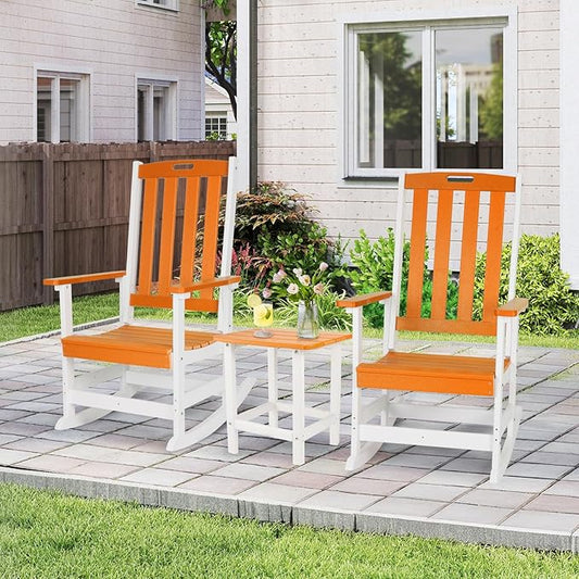 Aoodor Outdoor Rocking Chair, Ergonomic HDPE Rockers with All-Weather Design for Patio or Porch, Clashing Colors, Orange and White