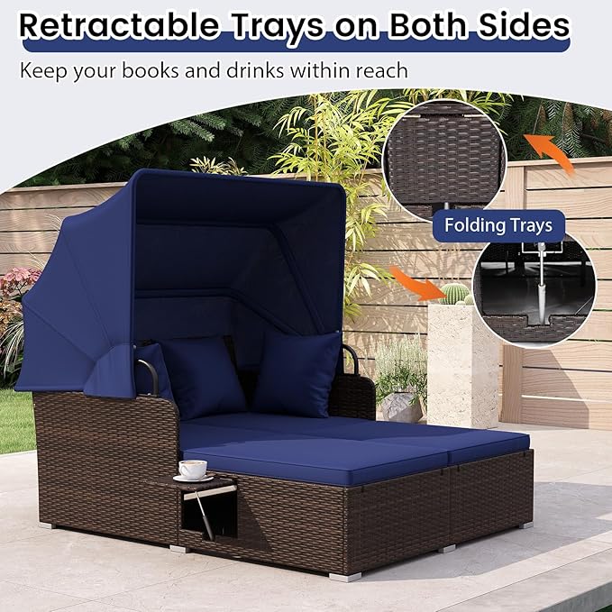 ORALNER Outdoor Daybed, 2-Person Wicker Patio Sofa with Retractable Canopy, Cushions & Pillows, 2 Side Trays - Photo 5