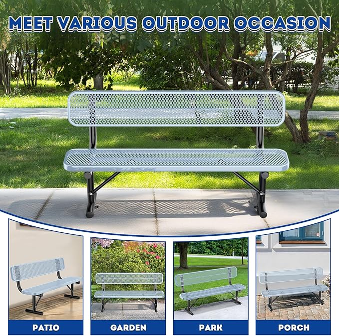 Heavy Duty Park Bench for Outside, Metal Park Bench with Back Portable Frame, Outdoor Steel Mesh Garden Bench with Backrest for Garden, Lawn, Patio, Porch, Park, Yard (Grey, 6FT/73INCH)