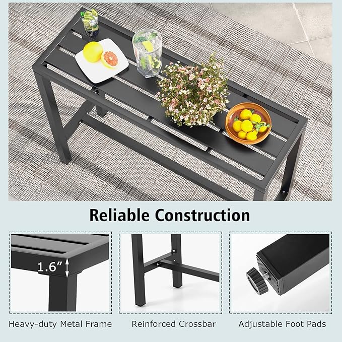 COSTWAY Outdoor Bar Table 48-inch Wide, Narrow Counter Height Dining Table with Waterproof Top and Heavy-Duty Metal Frame, Rectangular Pub Table for Hot Tub Garden Patio Backyard Poolside, Black