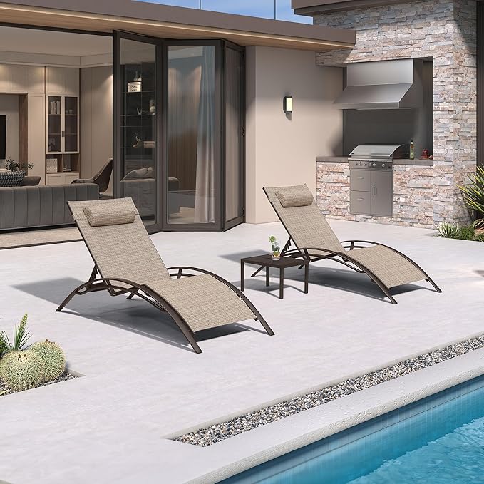 PURPLE LEAF Outdoor Oversized Chaise Lounge Chair Set of 3 Patio Pool Lounger Bronze Aluminum Chairs with Side Table Adjustable Tanning Recliner for Outside Backyard Yard Deck Balcony Beach Khaki