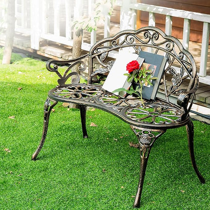 39" Outdoor Bench, Cast Aluminum Metal Garden Bench with Floral Rose Accent & Antique Finish(Brown)