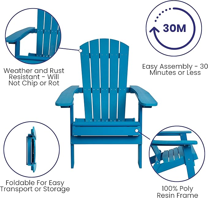 Flash Furniture Charlestown Folding Adirondack Chair - Blue - Poly Resin - Indoor/Outdoor - Weather Resistant - Set of 2