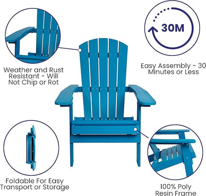 Flash Furniture Charlestown Folding Adirondack Chair - Blue - Poly Resin - Indoor/Outdoor - Weather Resistant - Set of 2