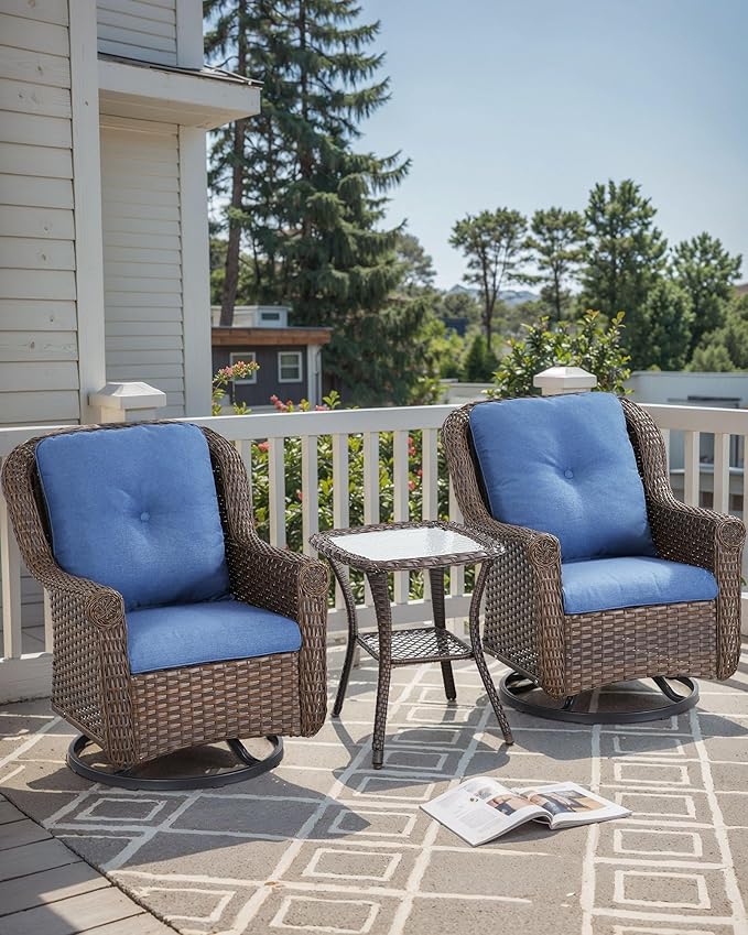3 Piece Patio Swivel Chairs and Side Table Set - High Back Outdoor Brown Wicker Rattan Rocking Glider with Thick - Photo 2
