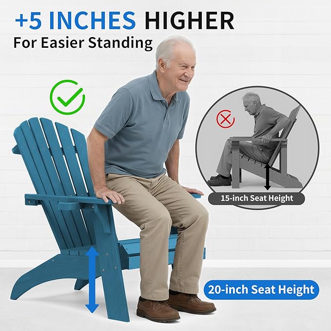Psilvam Adirondack Chair, Oversized Poly Lumber Fire Pit Chair with Cup Holder, 350Lbs Support Patio Chairs for Garden, Weather Resistant Outdoors Seating, Relaxing Gift for Father & Mother (4, Blue)