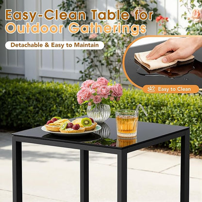 Greesum 3 Piece Patio Furniture Set, All-Weather Imitation Rattan Conversation Set, Outdoor Rocking Chair Bistro Set with Glass Top Coffee Table for Pool, Deck, Porch, Garden or Balcony, Blue