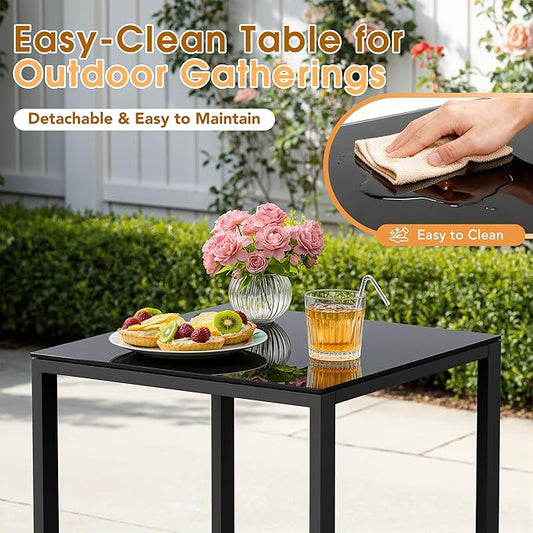 Greesum 3 Piece Patio Furniture Set, All-Weather Imitation Rattan Conversation Set, Outdoor Rocking Chair Bistro Set with Glass Top Coffee Table for Pool, Deck, Porch, Garden or Balcony, Blue