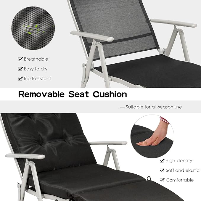 Giantex Chaise Lounge Chair for Outside, Pool Folding Reclining Beach Chair W/Removable Cushion&Headrest Pillow, Outdoor Lounge Chaise w/ 7 Backrest Positions, Portable Patio Lounger (2, Black)