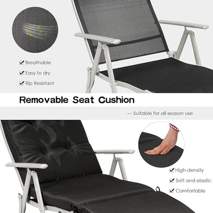 Giantex Chaise Lounge Chair for Outside, Pool Folding Reclining Beach Chair W/Removable Cushion&Headrest Pillow, Outdoor Lounge Chaise w/ 7 Backrest Positions, Portable Patio Lounger (2, Black)