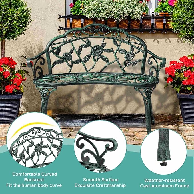 38.5” Outdoor Porch Bench with Hollow Rose Design,Elegant Garden Bench Park Bench for Backyard,Iron Bench with Arms,Antique Green