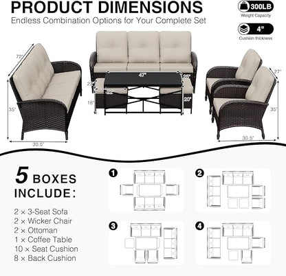 Joyside Wicker Patio Furniture Set, 7 Piece Outdoor Furniture Set with Thickened Cushions, High Back, Deep Seating, Wide Armrest, Rattan Outdoor Chairs for Porch, Deck