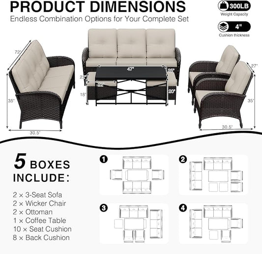 Joyside Wicker Patio Furniture Set, 7 Piece Outdoor Furniture Set with Thickened Cushions, High Back, Deep Seating, Wide Armrest, Rattan Outdoor Chairs for Porch, Deck