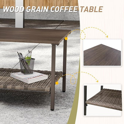 Vista Oasis Outdoor Steel Patio Table, Patio Coffee Table with Lower Storage, Outdoor Furniture for Balcony, Porch and Garden, Wood Grain Top
