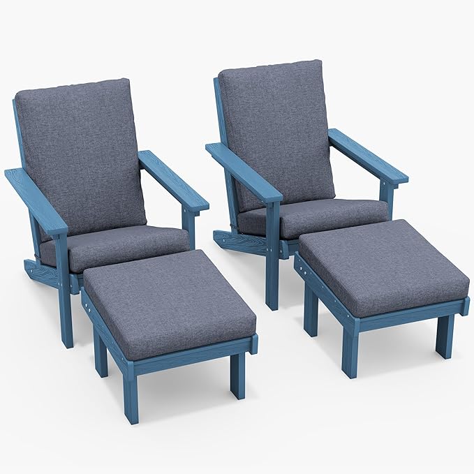 SERWALL Adirondack Chair Set of 2 with Cushion and Ottoman -All Weather HDPE Outdoor Adirondack Chair Set, Durable Adirondack Patio Chairs for Garden, Deck, or Poolside- Blue