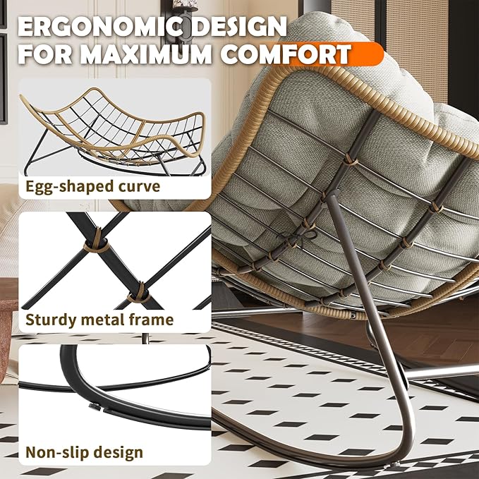 Outdoor Rocking Chair, Indoor Papasan Chair, Oversized Egg Rocking Chair with Thick Cushion, Rattan Wicker Rocker Lounge Chair for Bedroom, Living Room, Patio, Garden, Porch (Light Grey)