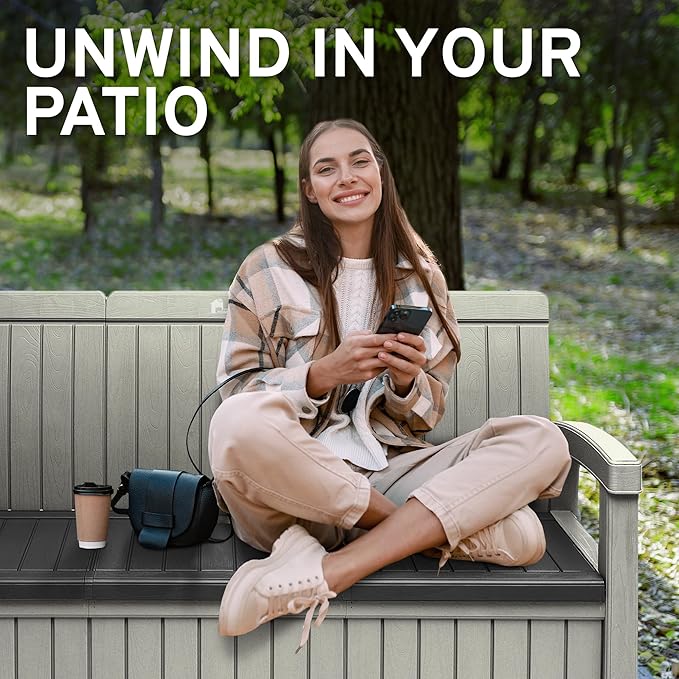 EconoHome 3 Seat Outdoor Storage Bench with Rain Cover - 90 Gallon Capacity - Weatherproof Resin Bench for Patio, Porch - Photo 6