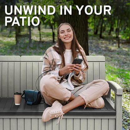 EconoHome 3 Seat Outdoor Storage Bench with Rain Cover - 90 Gallon Capacity - Weatherproof Resin Bench for Patio, Porch, Garden, Yard, Pool Area - Furniture for Pool Accessories, Gardening Tools