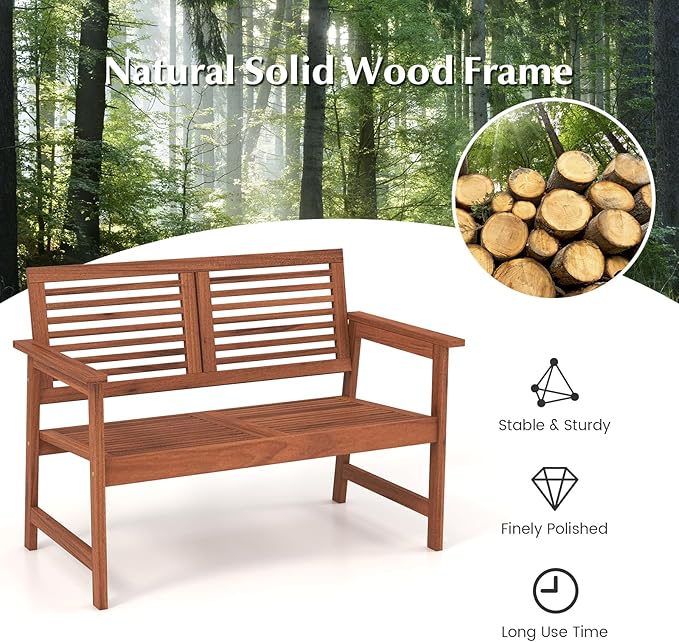Tangkula Outdoor Bench with Cushion, 2-Person Patio Bench with Slatted Back & Seat, Removable Cushion, Conversation Loveseat Chair for Porch Lawn Garden Backyard Balcony (Off White)