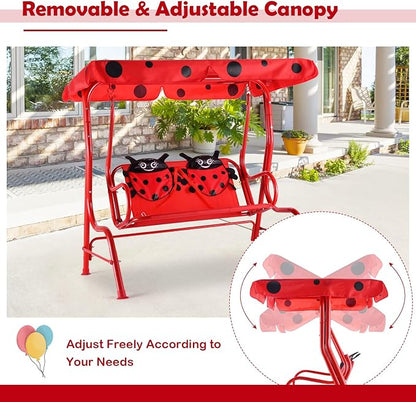 KOTEK Kids Patio Swing, 2-Seater Outdoor Hanging Bench with Adjustable Canopy, Safety Belt & Curved Armrest, Kids Swing Chair with Stand for Backyard, Garden, Lawn, Porch (Red Ladybug)