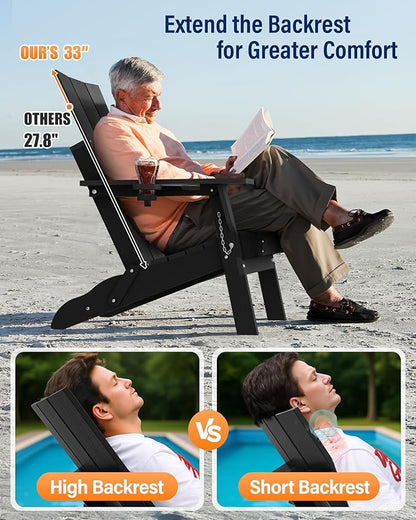 Adirondack Chair with Cup Holder: Folding Adirondack Chairs Set of 2 Plastic HDPE Material Furniture - Modern Composite Fire Pit Chairs Foldable for Outdoor/Backyard/Garden/Lawn/Deck/Porch