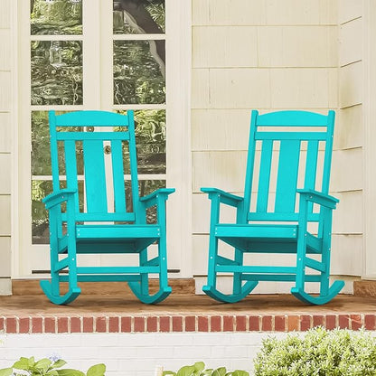 LUE BONA Outdoor Rocking Chairs Set of 2, HDPS Porch Rocker with High Back, Plastic Weather Resistant Rocking Chairs for Outdoor Indoor, Garden, Backyard, 350lb,Aruba Blue