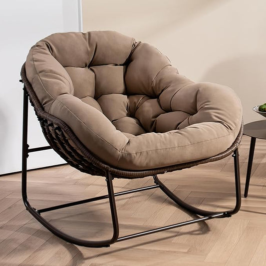 HOMEFUN Outdoor Patio Rocking Chairs, Oversized Papasan Rock Chair Indoor with Padded Cushion - Rocker Egg for Front Porch, Garden, Backyard Khaki