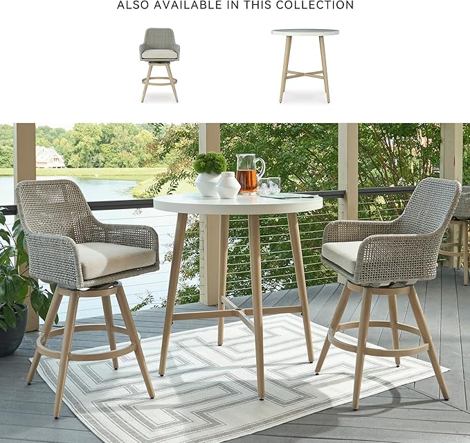 Signature Design by Ashley Seton Creek Casual Outdoor Bar Table with Umbrella Hole, Beige & White - Photo 6