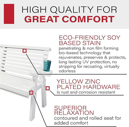 Amish Casual Heavy Duty Pressure Treated 5 Foot Outdoor Garden Bench with Cup Holders - Amish Crafted Roll Back Design in White Stain, 700 Lb Weight Capacity