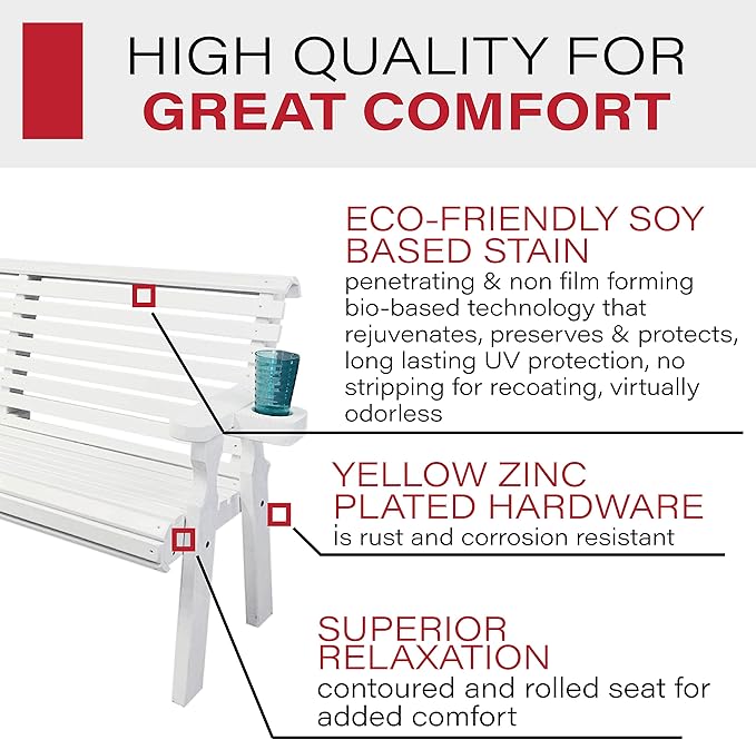 Amish Casual Heavy Duty Pressure Treated 4 Foot Outdoor Garden Bench with Cup Holders - Amish Crafted Roll Back Design in White Stain, 700 Lb Weight Capacity