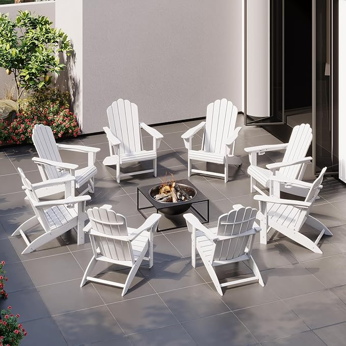 Costaelm Lakeview Outdoor Patio HDPE Adirondack Chairs with Cup Holders (Set of 8), White