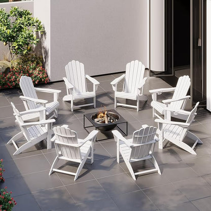 Costaelm Lakeview Outdoor Patio HDPE Adirondack Chairs with Cup Holders (Set of 8), White