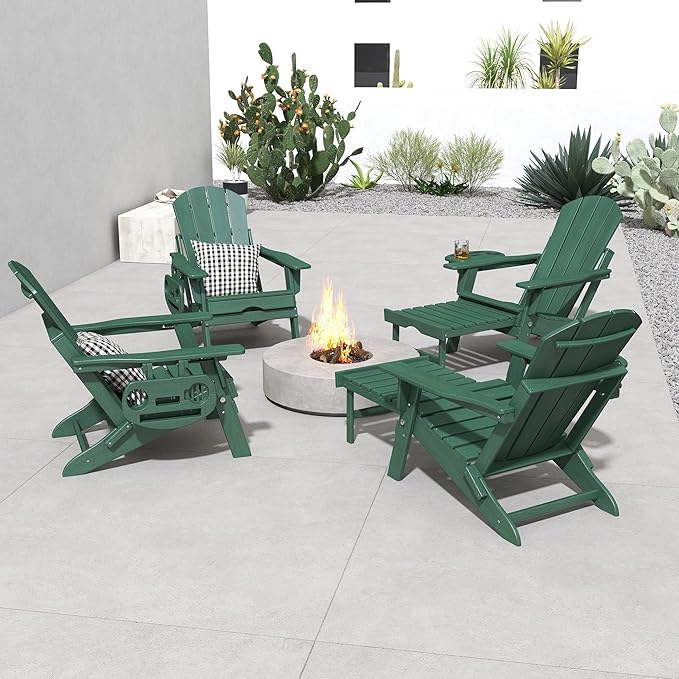 FOOWIN Adirondack Chair with Retractable Ottoman,HDPE Folding Adjustable Adirondack Chair w/4 in 1 Cup Holder Trays,All-Weather Resistant Fire Pit Chair for Outdoor Patio Lawn Set of 6
