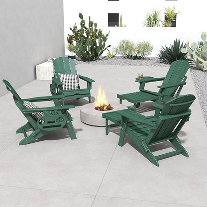 FOOWIN Folding Adjustable Adirondack Chair with Retractable Ottoman Set of 2, HDPE Adirondack Chair w/4 in 1 Cup Holder Trays,All-Weather Resistant Fire Pit Chair for Outdoor Patio Lawn, Dark Green