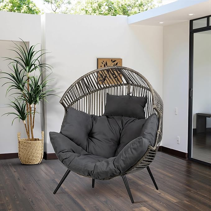 JAMFLY Wicker Egg Chair - Rattan Patio Chair with Cushion, Indoor-Outdoor Lounge Egg Basket Seat for Living Room - Photo 1