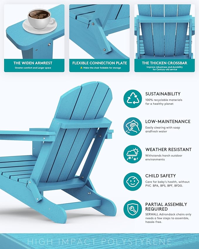 SERWALL Folding Adirondack Chair with Cup Holder Outdoor Adirondack Chairs Weather Resistant Patio Chair Fire Pit - Photo 5