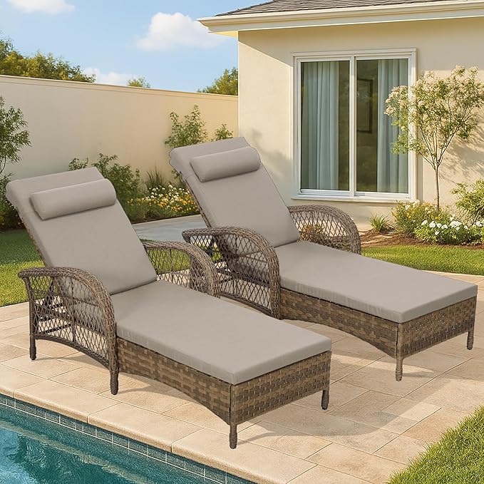 HOMEDIARY 2-Piece Outdoor Wicker Lounge Chairs with Cushion, Rattan Patio Chaise Loungers with 6-Level Backrest, All Weather Lay Flat Pool Sunbathing Recliner Chair, Armrest and Head Pillow, Beige