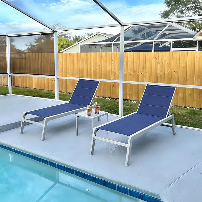 PURPLE LEAF Outdoor Chaise Lounge Set Adjustable Sunbathing Recliner with Side Table for Beach Poolside Patio Outside Aluminum Chaise Lounger Navy Blue