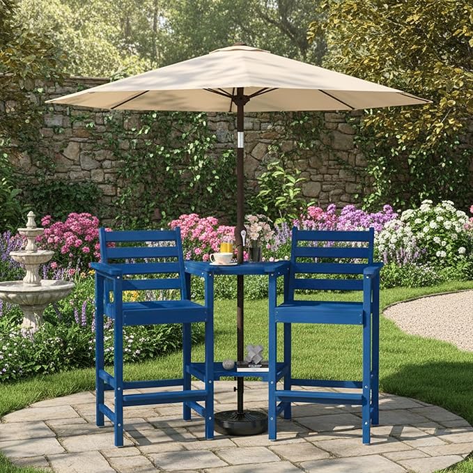 Tall Adirondack Chairs Set of 2, Bar Height HDPE Outdoor Chairs with Connecting Tray & Umbrella Hole, Balcony Patio Adirondack Chairs for Deck, Garden, Lawn(Navy Blue)