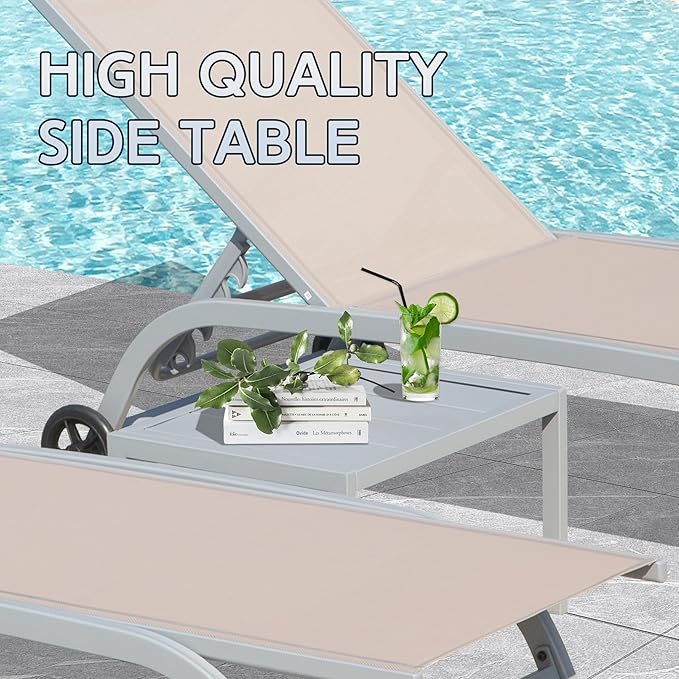 Domi Pool Lounge Chairs Set of 3, Adjustable Aluminum Outdoor Chaise Lounge with Wheels Patio Lounge Chairs with Side Table, All Weather for Deck Lawn Poolside Backyard-Khaki Textilene