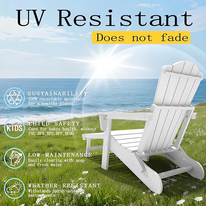 Adjustable Adirondack Chairs with Retractable Ottoman Set of 2, HDEP Folding Adirondack Chair with Footrest & Cup Holder, All Weather Fire Pit Chair for Outdoor,White