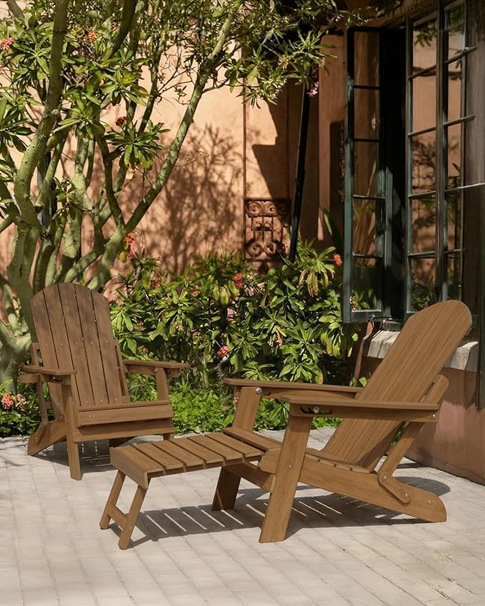 YEFU Adirondack Chair with Retractable Ottoman: Folding Adirondack Chairs Set of 2-5-Level Adjustable Backrest with Footrest - Fire Pit Chairs - Cup Holder - Outdoor Plastic Chair for Patio(Walnut)